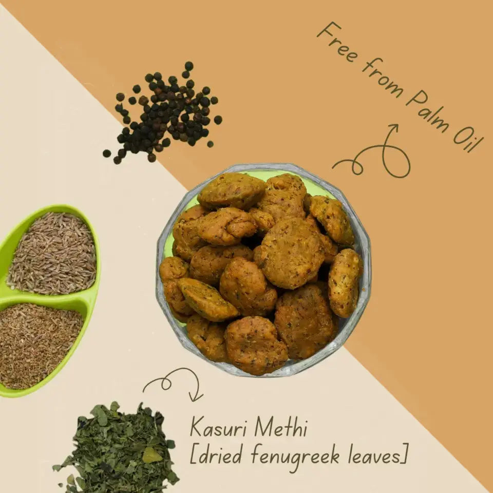 Methi Mini Mathri | Savory and Flaky Indian Crackers with Kasuri Methi Flavor | Ready to Eat SnackMethi Mini Mathri | Savory and Flaky Indian Crackers with Kasuri Methi Flavor | Ready to Eat Snack