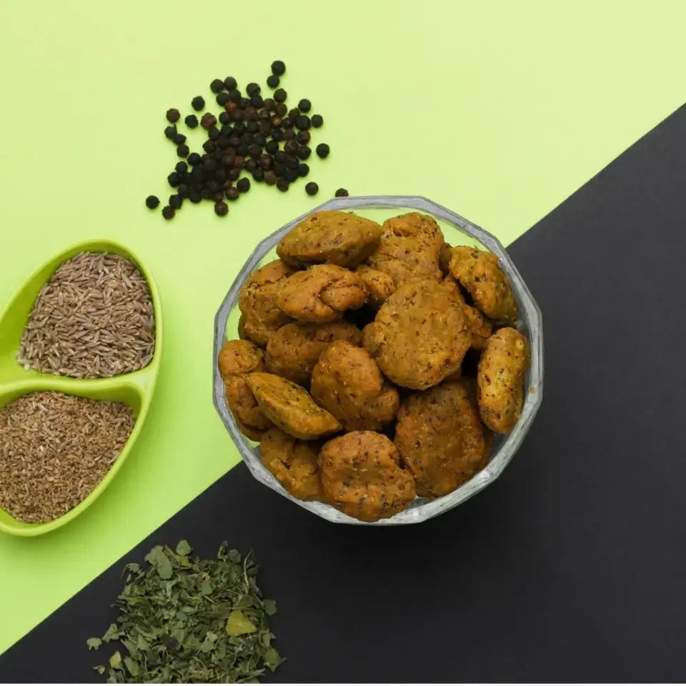 Methi Mini Mathri | Savory and Flaky Indian Crackers with Kasuri Methi Flavor | Ready to Eat SnackMethi Mini Mathri | Savory and Flaky Indian Crackers with Kasuri Methi Flavor | Ready to Eat Snack